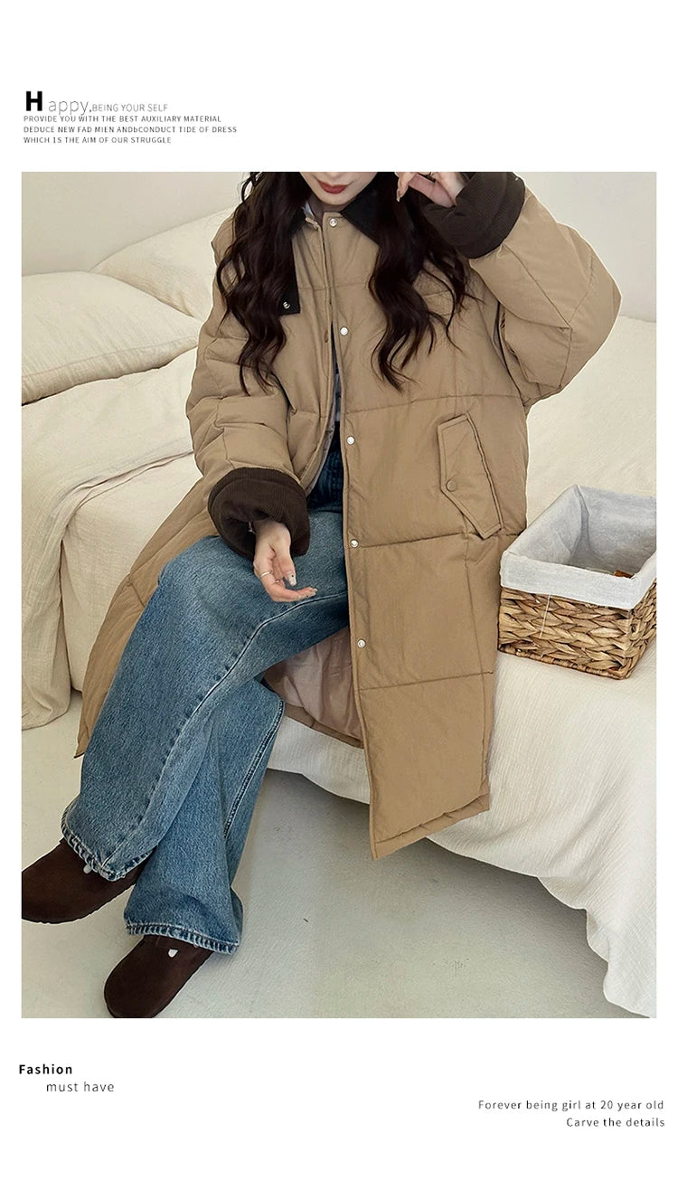 Winter Women's Down Puffer Jackets Baggy Thickening Warm Corduroy Collar Clothing Boutique Clothes Cotton Medium and Long Coats