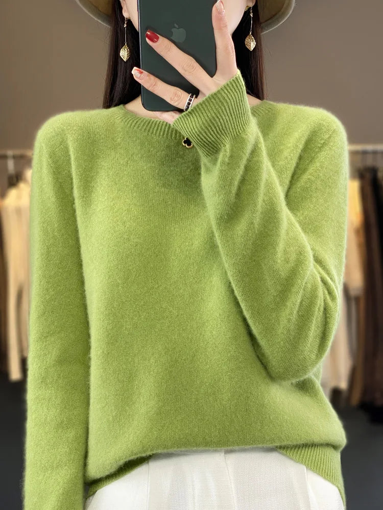 100% Merino Wool Sweater Women  Cashmere Pullover Knitwear Autumn Winter O-neck Solid Color Fashion Basic Female Clothes Tops - reetell