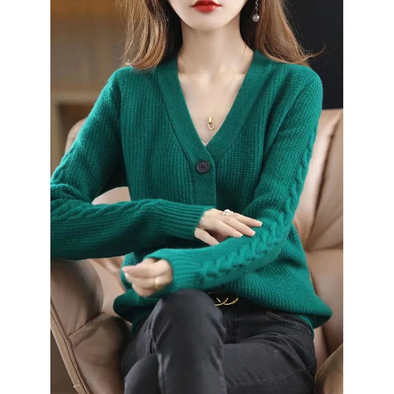 NewFall Fashion V Neck Women Knitted Sweater Cardigan Long Sleeve Soft Slim Sweater Outwear Femlae Solid Casual Knitted Sweater - reetell