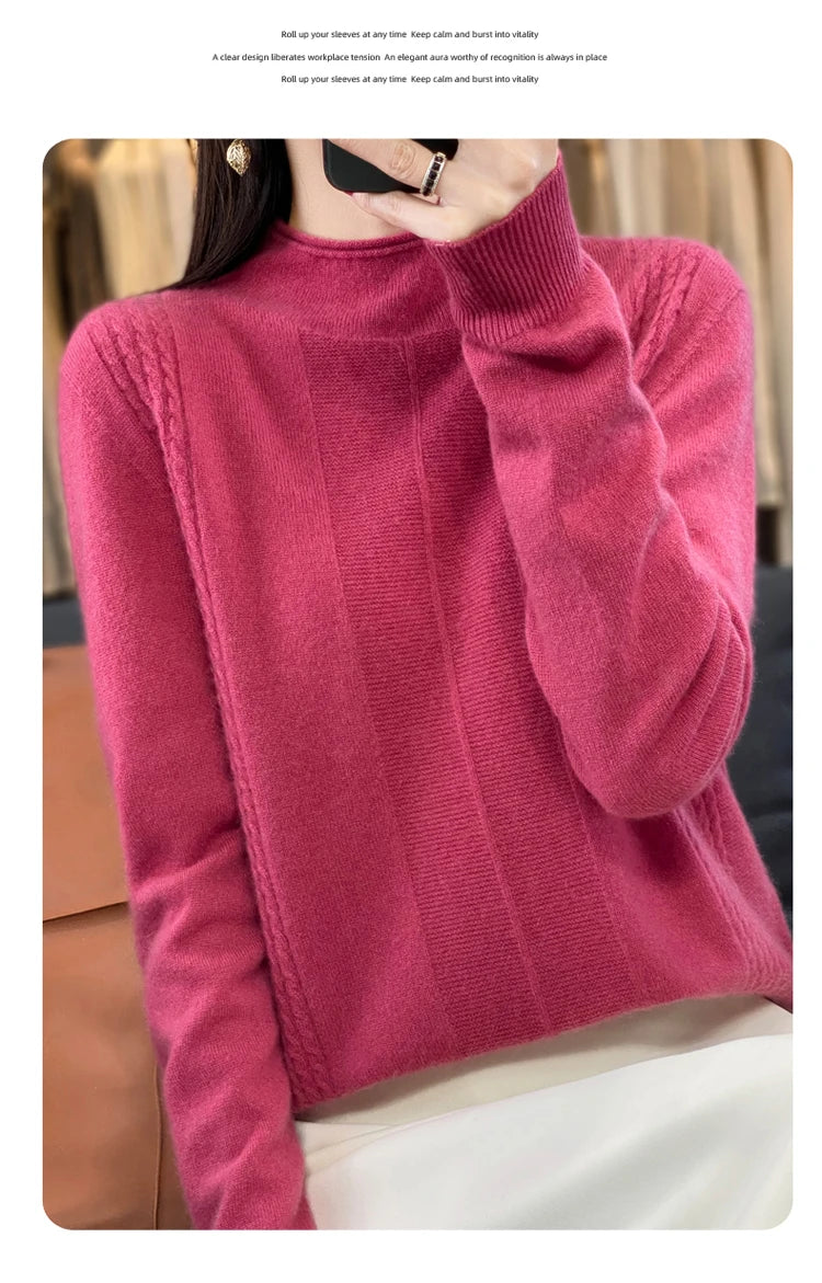 2024 Autumn Winter Women 100% Merino Wool Sweater Striped O-Neck Pullover Knitwear Casual Undershirt Cashmere Clothing Tops - reetell