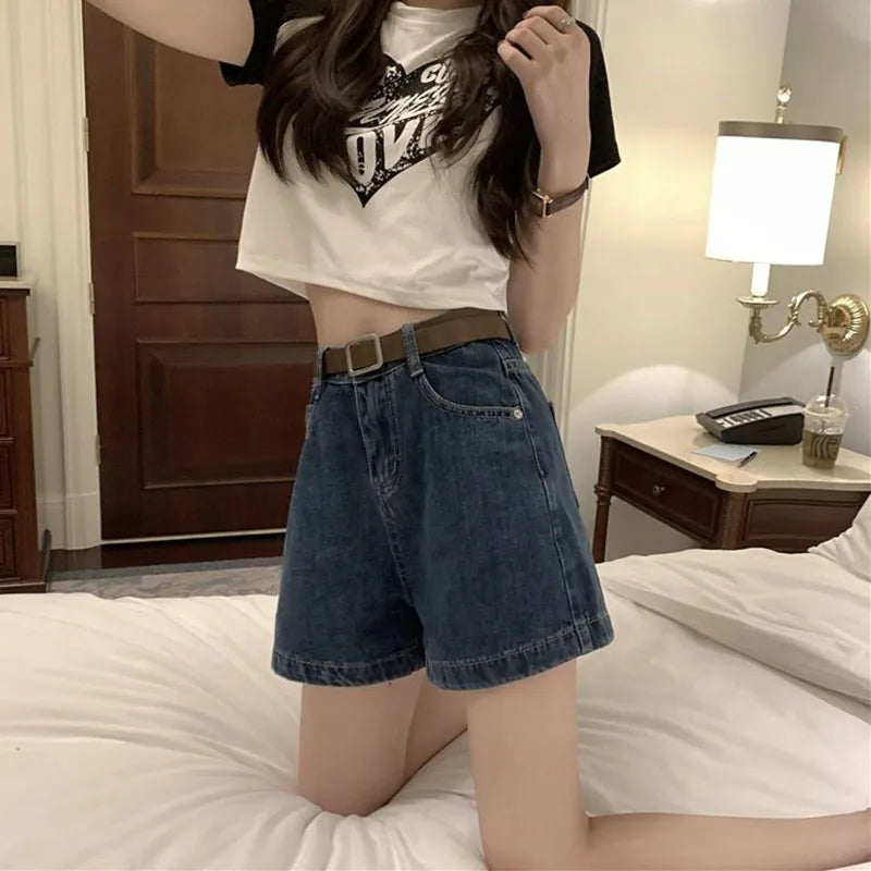 Lucyever High Waist Denim Shorts Women Summer New Washed Retro Jeans Shorts Female Korean Fashion Loose Wide Leg Short Pants - reetell