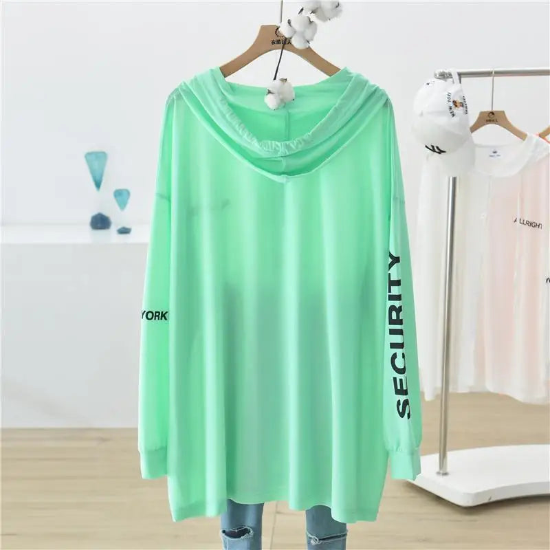 Spring Summer New Hooded Long Sleeve Ice Silk Fabric Sunscreen Clothing Women Fashion Solid Color Zipper Loose Casual Cardigan - reetell