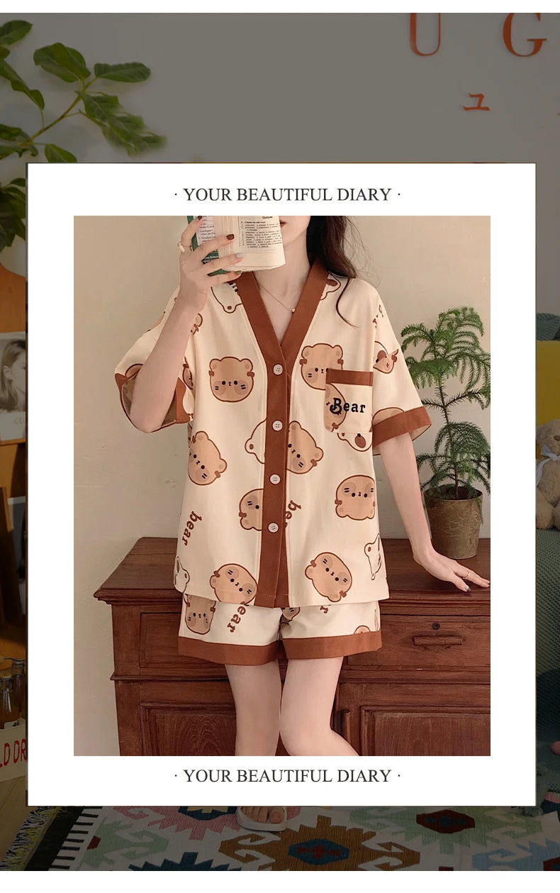 Korean Pajamas Set for Women Summer Loungewear Sleepwear Girls Sweet Lapel Pyjama Kawaii Bear Printed Pijamas Japanese Home Suit