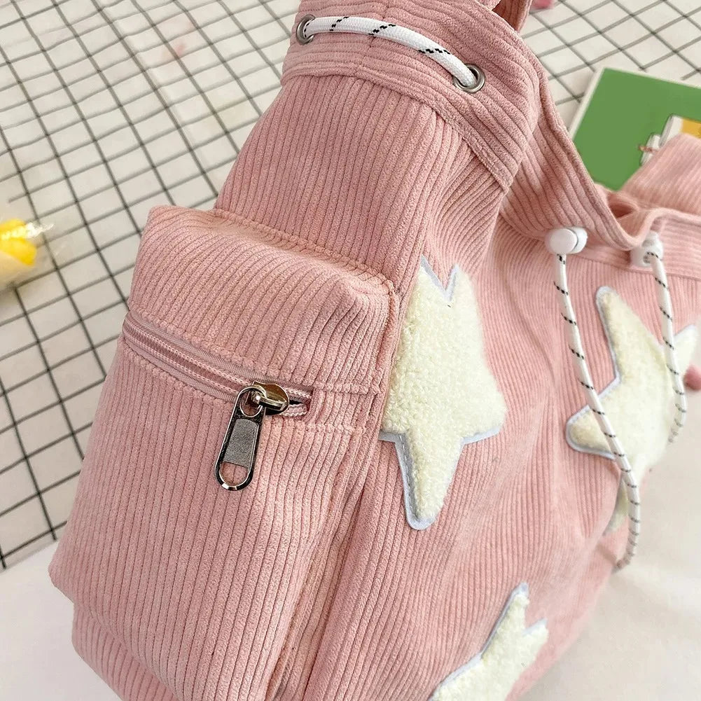 Women Star Pattern Corduroy Crossbody Bag Casual Tote Lady Simple Large Capacity Shoulder Bag Girl Travel School Bookbag Handbag