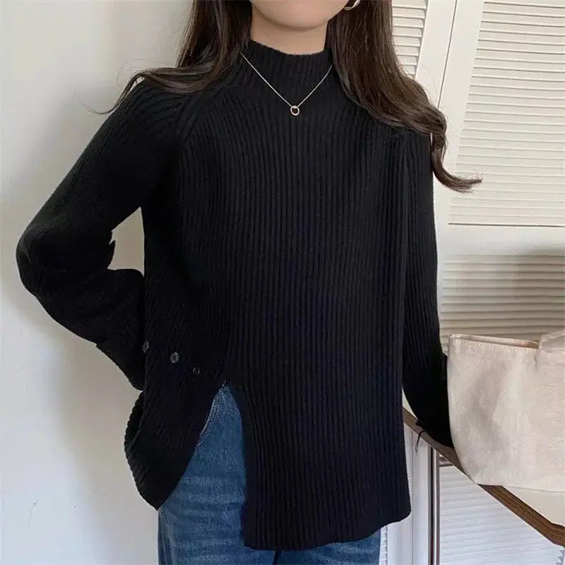 Women's Knit Sweater Off-white Loose Turtleneck Ladies PulloversButtons Slit Hot Sale Winter Offers Trend New Knitwear 2024 - reetell