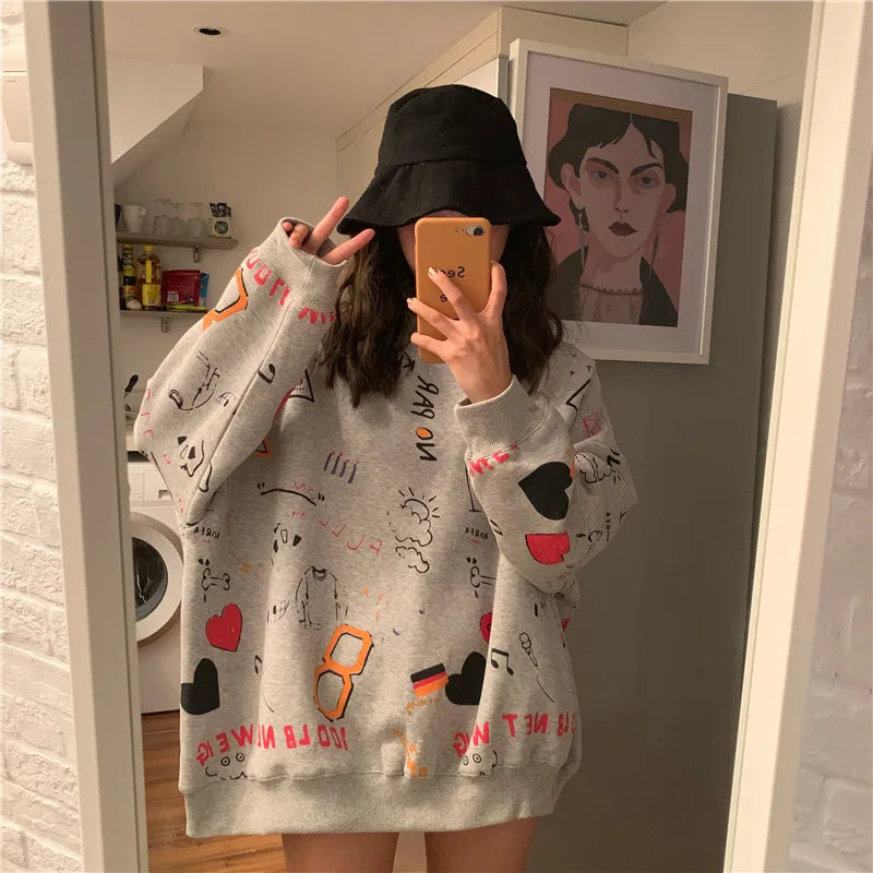 Women Sweatshirts Graffiti Pullover Tops Loose Long Sleeves Female Fashion Streetwear 2024 Spring Autumn Casual Hoodies - reetell