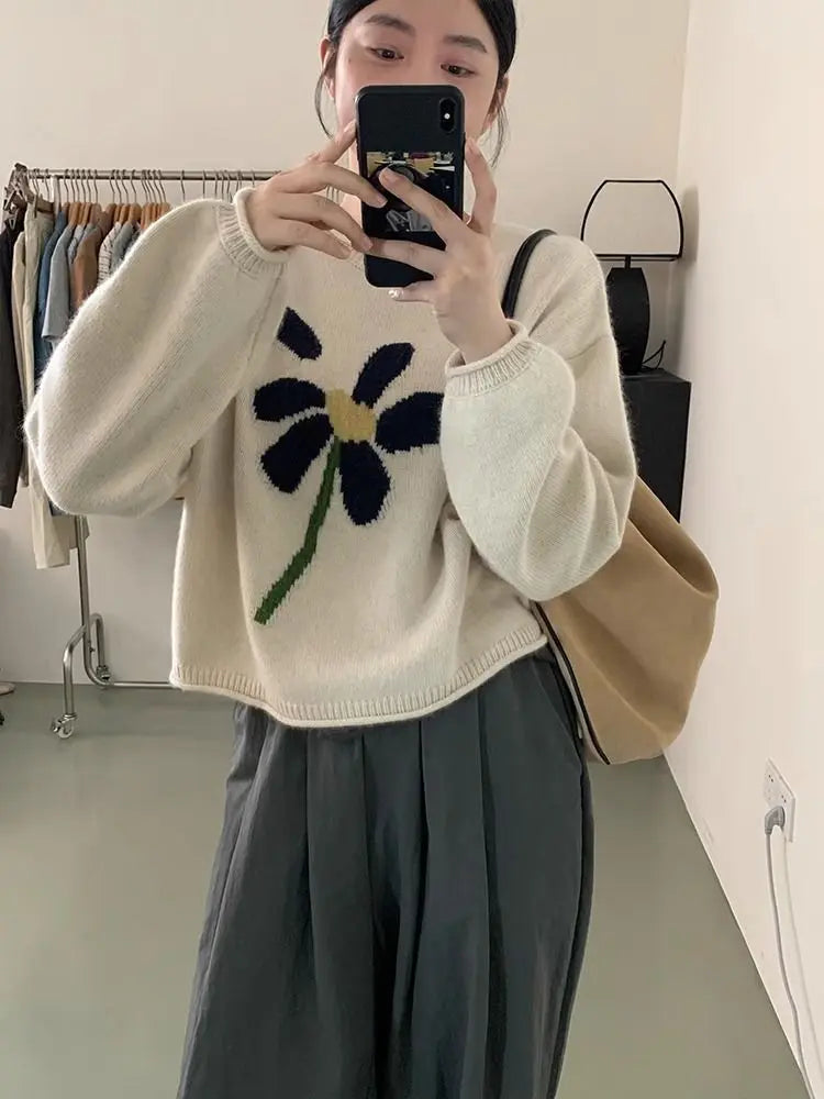 Autumn/Winter 2024 New Commuting Fashion Lazy Style Vintage Jacquard Curly Knitted Loose Sweater Women Wear Outwardly - reetell