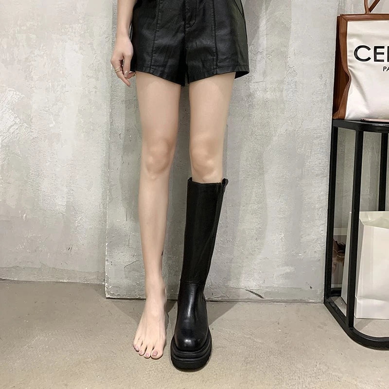 Fashion Woman's Platform Zipper Spring Autumn PU Leather Non-slip Knee High Luxury Designer Casual Women Chunky Long Black Boots