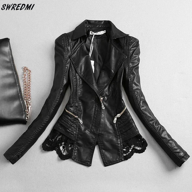 SWREDMI Women's Leather Jacket 2024 New Slim Fashion Lace Stitching Leather Clothing Female S-4XL Leather Coat Black Tops