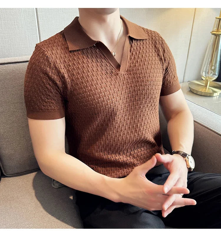 Men's Polo Shirt 2024 Summer New Light and Thin Knitted Hollow Solid Color Casual Short Sleeved V-neck T-shirt Men's Clothing