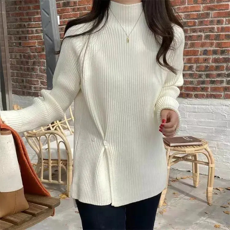 Women's Knit Sweater Off-white Loose Turtleneck Ladies PulloversButtons Slit Hot Sale Winter Offers Trend New Knitwear 2024 - reetell