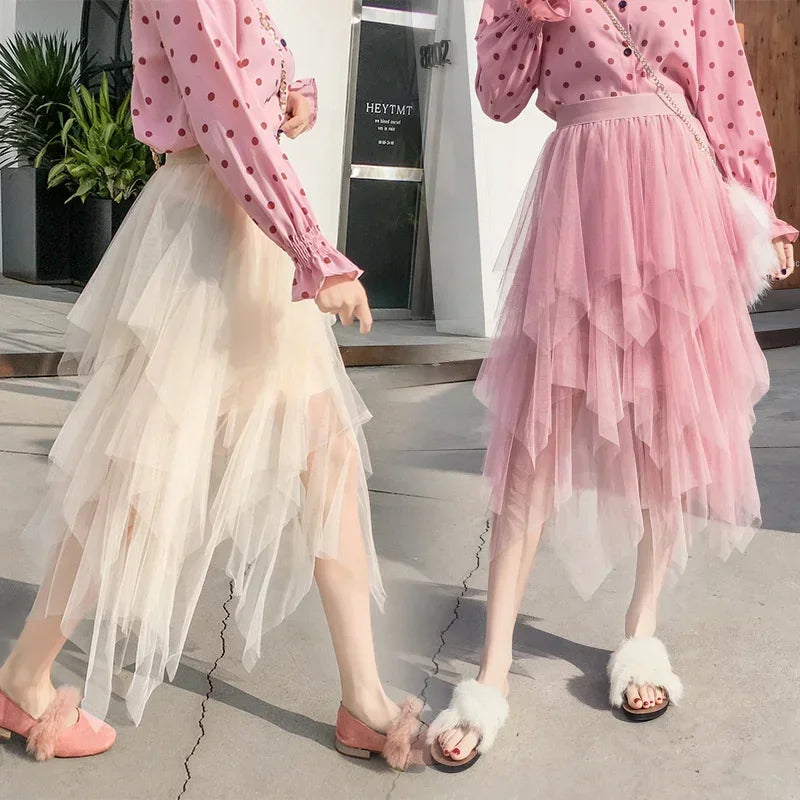 Fashion Summer Tutu Women Skirt Harajuku Tulle Bottom Faldas Casual High Waist Midi Mesh Skirts Woman Clothes Saia Jupe Femme - reetell