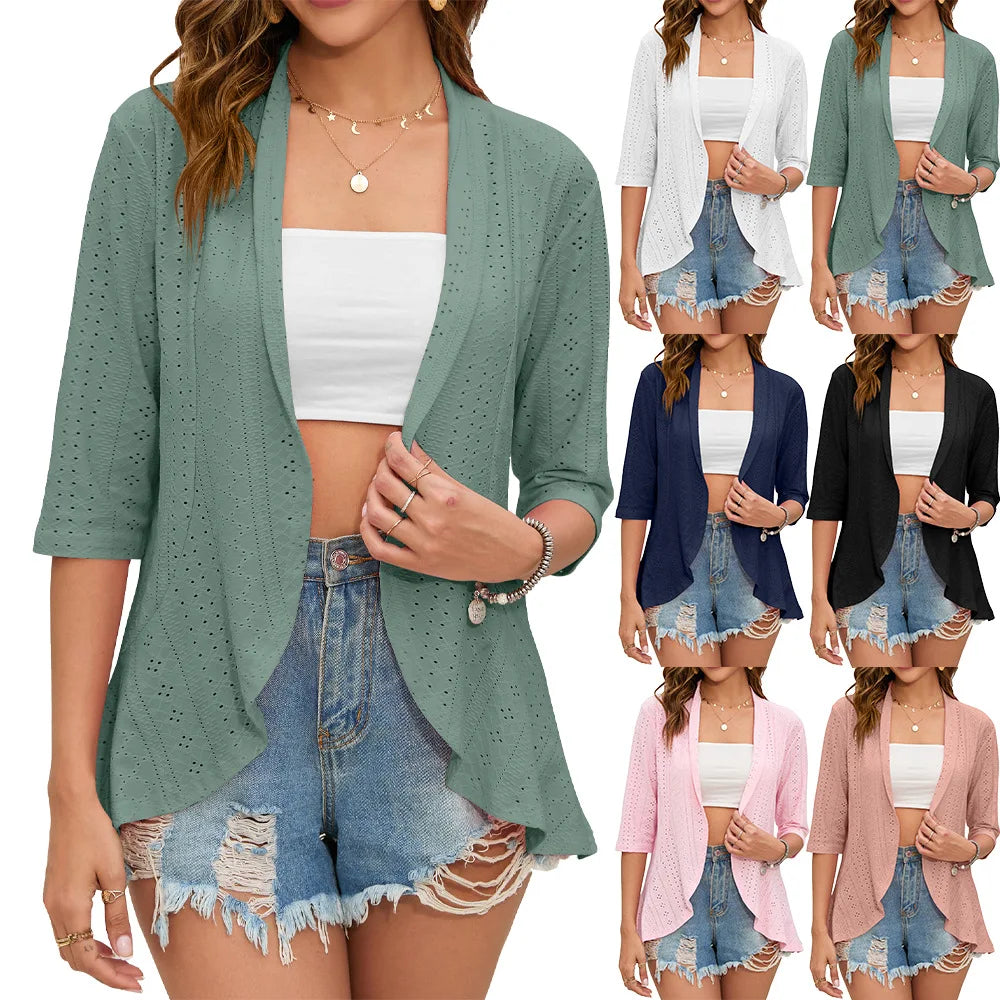 2024 Summer Fashion Ladies Hollow Out Cardigan Boho Tops Women Beach Outwear Casual Three Quarter Sleeve Sunscreen Shirt - reetell