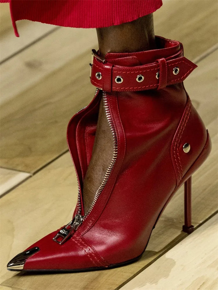 Belt Buckle Front Zipper Fashion Show Short Boots Women's Autumn Winter New Pointed Metal Decoration Red High Heels Ankle Boots