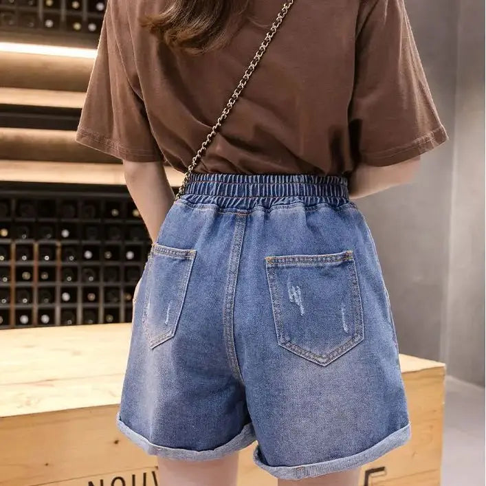 Large Size Broken Hole Cowboy Shorts Women Thin Section Wide Loose Tight High Waist Skinny A Word Wide Leg Fattening Hollowing - reetell