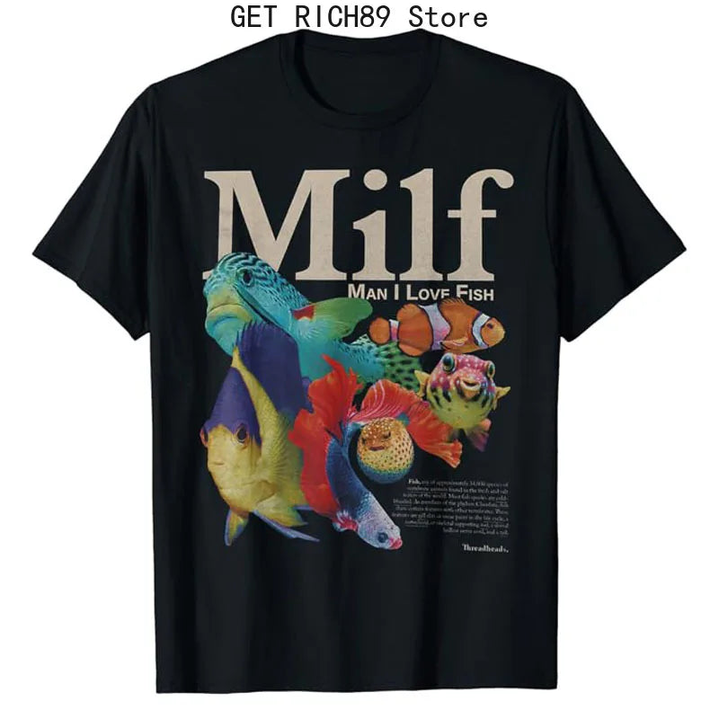 MILF Man I Love Fish T-Shirt Fishing Lover Graphic Tee Humor Funny Fisherman Outfits Men's Fashion Short Sleeve Blouses Gifts - reetell