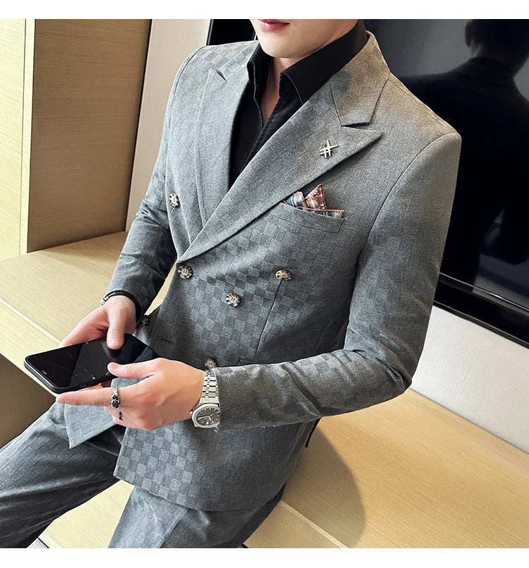 (Jacket+Pants) 2 Pieces Blue Apricot Business Party Men Suits Double Breasted Formal Style Custom Made Wedding Groom Tuxedos - reetell