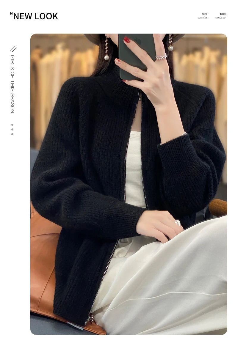 100% Pure Wool Zipper Cardigan Padded Shoulder Stand Collar Women's Cashmere Knitted Coat New Lapel Sweater - reetell