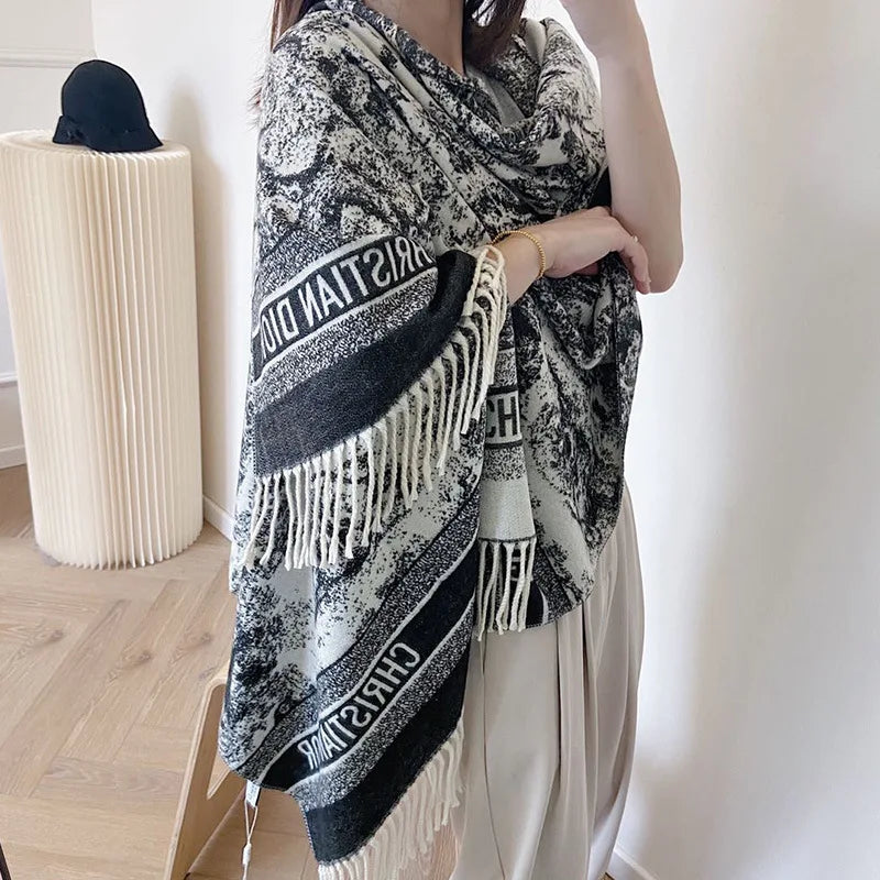 2024 Women's New Scarf Ink Color Printing Black border Shawl with White Tassels Winter Outdoor Warm Muslim Female Pashmina - reetell