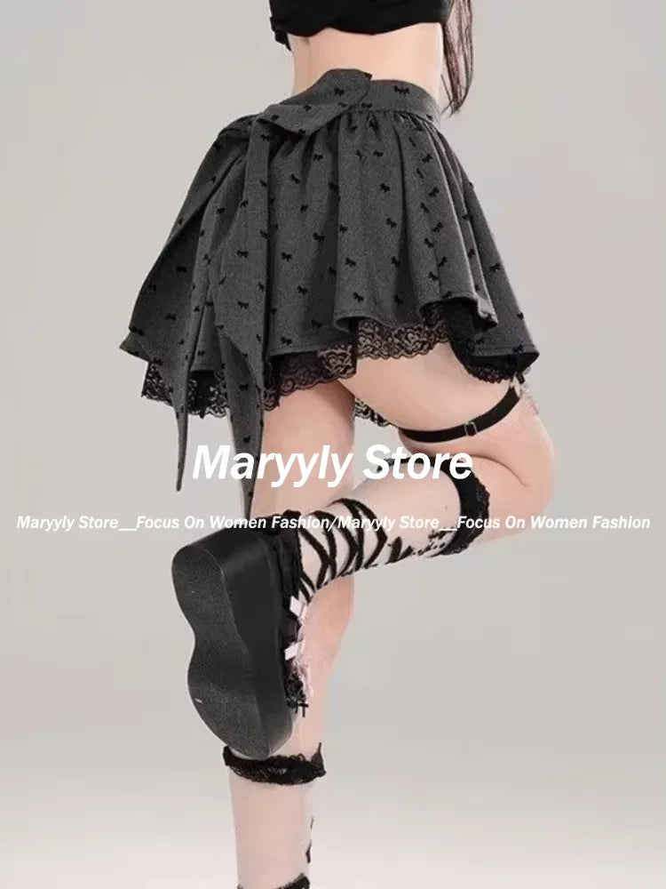 Design Bow Gray Pleated Skirt Women Lace Patchwork Mini Skirt 2024 Summer Fashion Lolita Style Striped Dot Print Cutecore Skirt - reetell