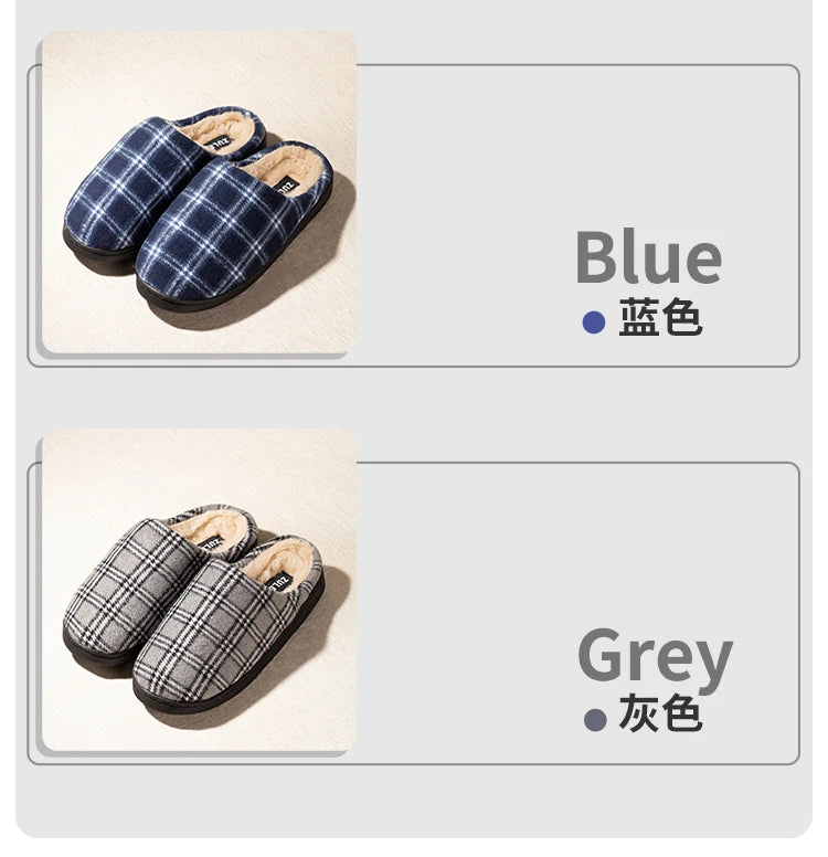 New Men's Striped Warm House Fleece Cozy Non-slip Plaid Cotton Mops Couples Slippers Winter Soft Indoor Bedroom Couples Shoes