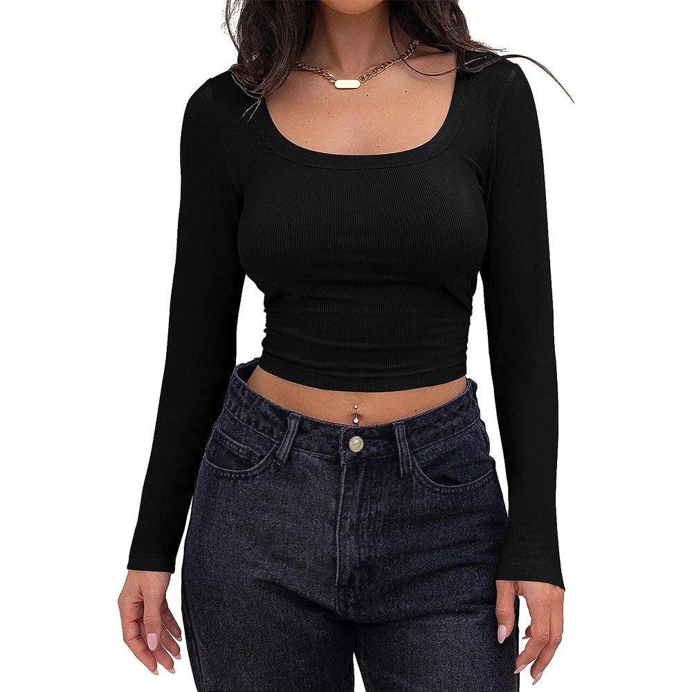 Women's Long Sleeve Square Neck Crop Top Ribbed Slim Fitted Y2K Casual T-Shirt Tops - reetell