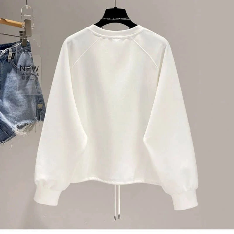 Design Pocket Pullovers Women Short Hem Drawstring Tops Spring Autumn Trend Pullover Korean Style Fashion Loose Sweatshirt Woman - reetell