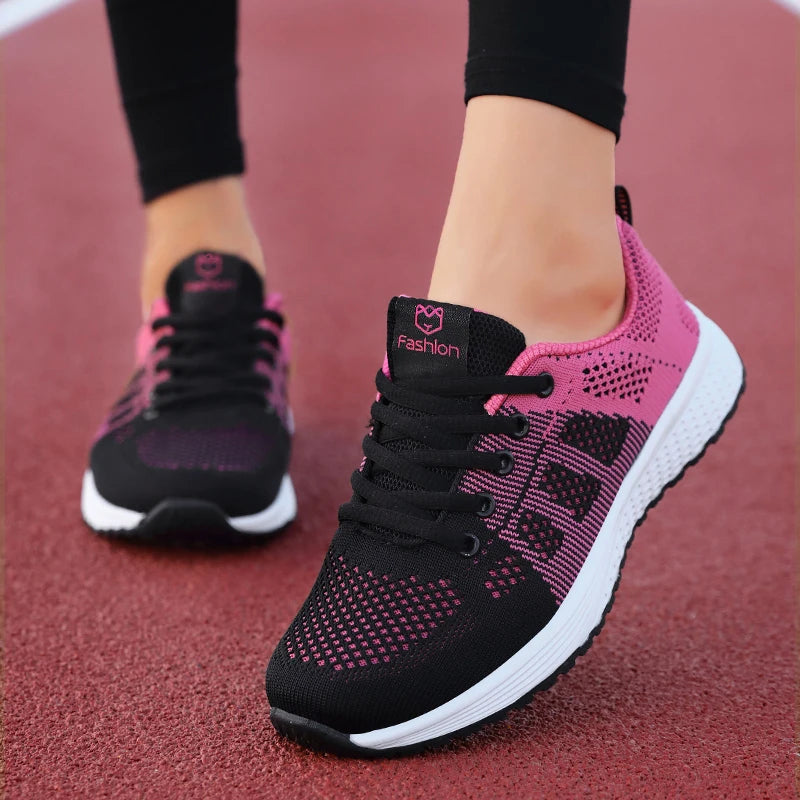 Women Casual Shoes Breathable Walking Mesh Lace Up Flat Shoes Sneakers Women Tenis Feminino Pink Black White - reetell