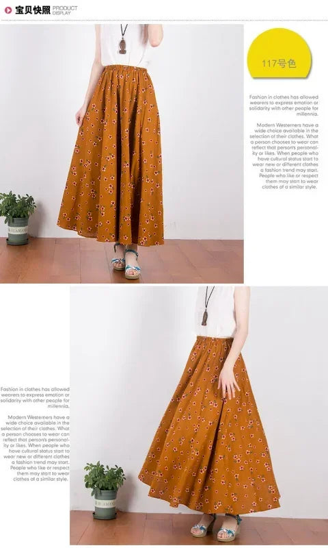 Fashion Summer Cotton Linen Women Skirt Saia Casual Vintage y2k Print Long Skirts Woman Clothes Bohemian Faldas Maxi Bottom Jupe - reetell