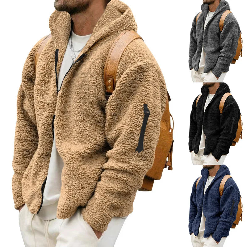 Autumn Winter Men's Jacket Double-sided Fleece Warm Loose Hooded Windbreaker Casual Coat Zipper Hooded Jacket Chaquetas Hombre - reetell