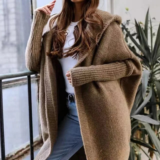 2024 Autumn Winter Cozy Chic Hooded Cardigan Women's Casual Knit Sweater Coat Elegant Batwing Sleeve Pocket Long Jacket Jumpers - reetell