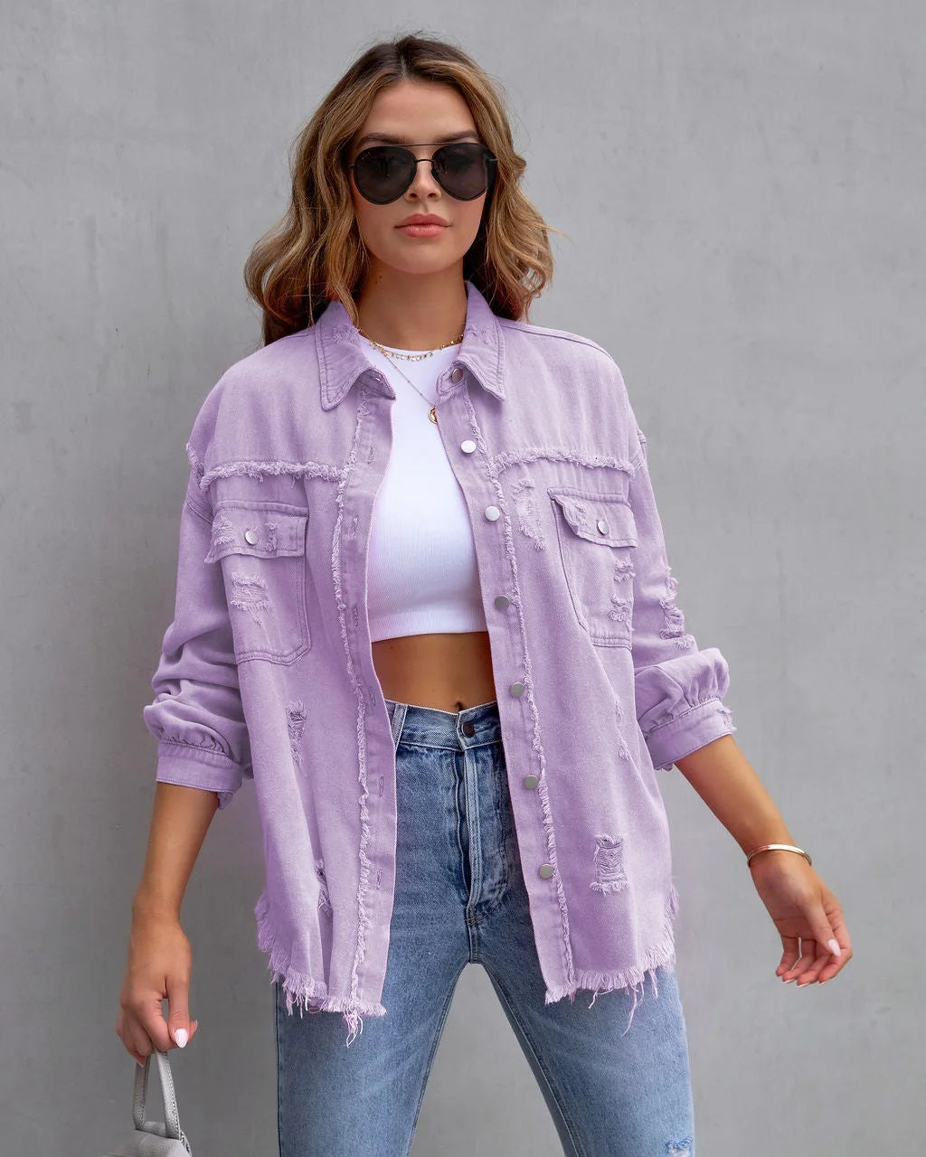 Women's Casual Lapel Mid-length Denim Jacket with Ripped Raw Edges