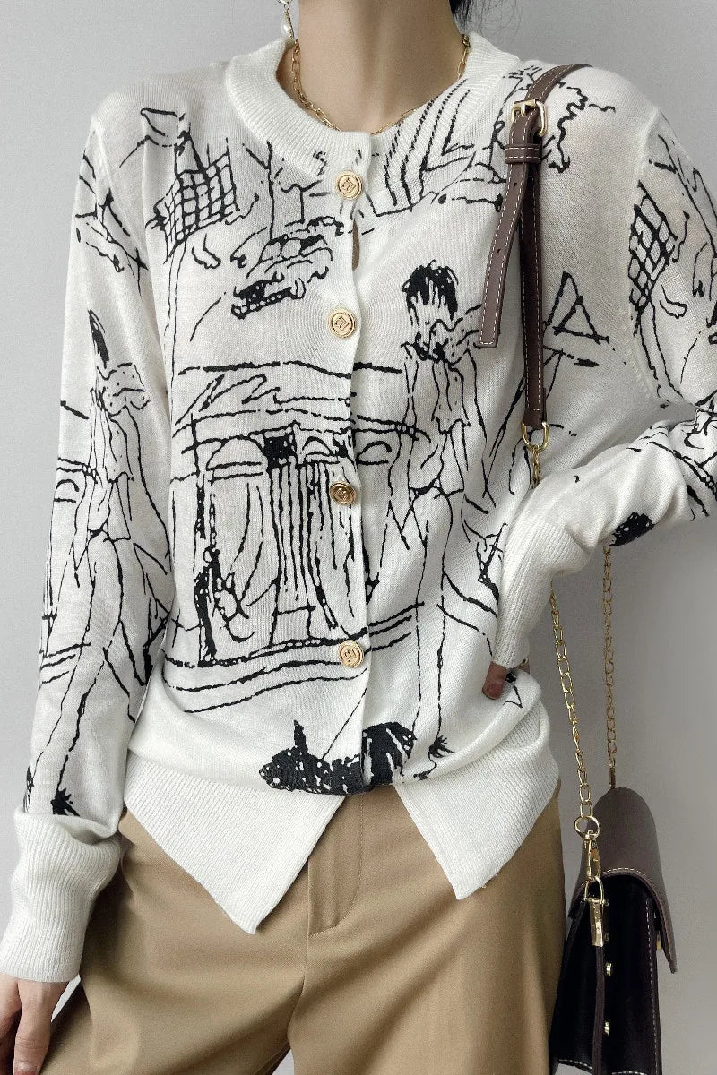 Spring And Autumn New Wool Knitted Cardigan Female Graffiti Print Loose Pullover Long Sleeve Round Neck Thin Sweater Coat XZ TY - reetell