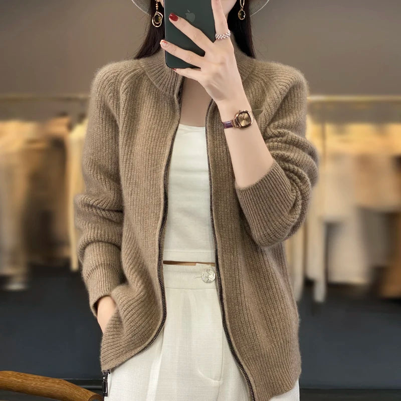 100% Pure Wool Zipper Cardigan Padded Shoulder Stand Collar Women's Cashmere Knitted Coat New Lapel Sweater - reetell