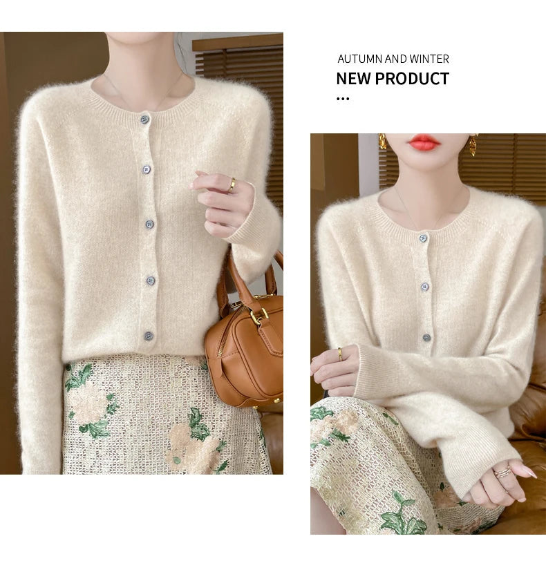 100% Merino Wool Long Sleeve Sweaters Cashmere Cardigan Spring Autumn Women O-Neck Knitwear Tops Clothing Fashion Basic Tops - reetell