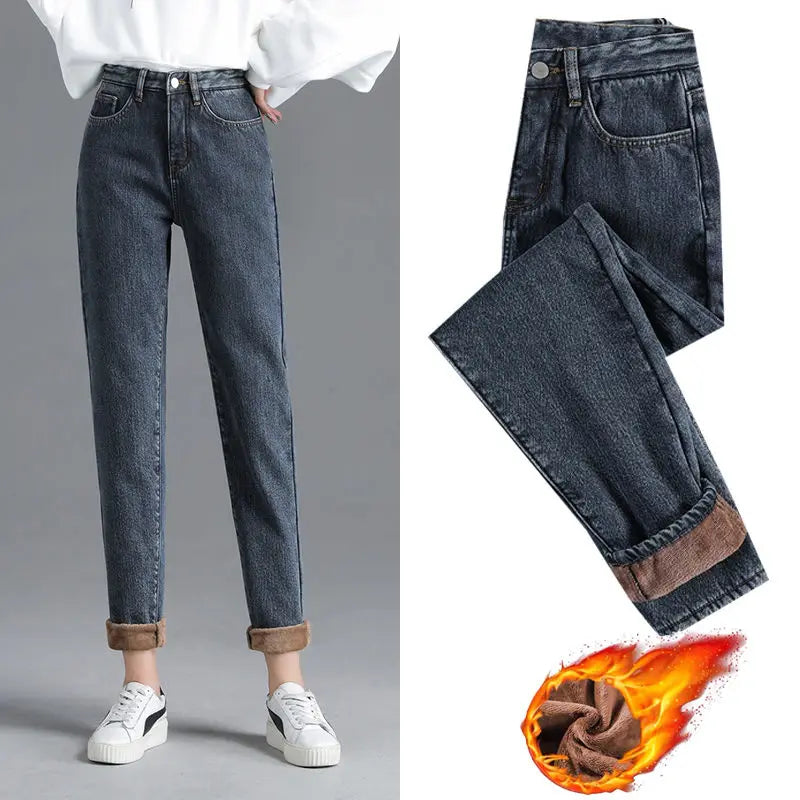 Winter Warm Fleece Jeans Women's High Waist Thick Harlan Straight Denim Pants Plus Size Loose Trousers Lady High Waisted Jeans - reetell