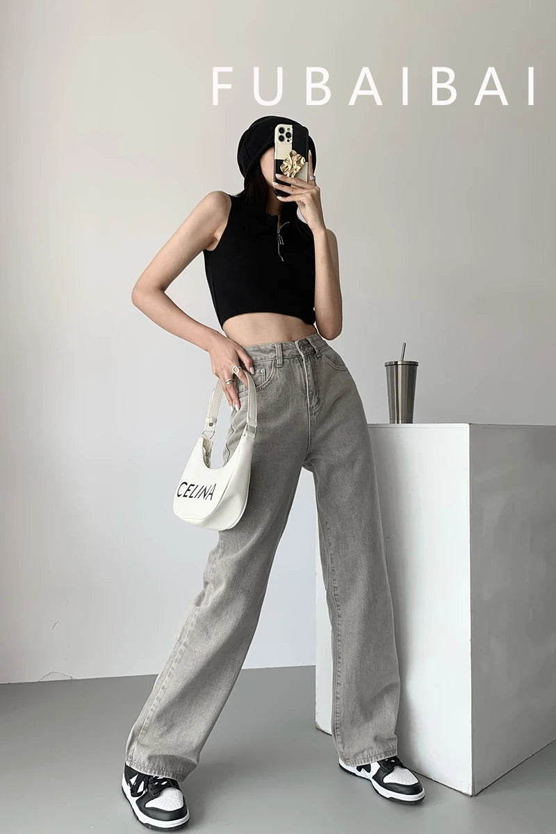 Grey Womens Jeans High Waist Vintage Straight Baggy Denim Pants Streetwear American Style Fashion Casual Wide Leg Denim Trouser - reetell