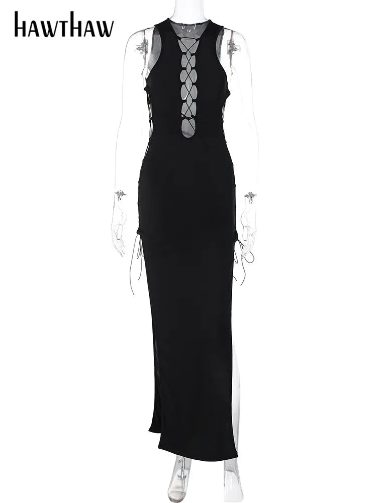 Hawthaw Women Sexy Party Club Evening Bodycon Hollow Out Black Long Dress 2023 Summer Clothes Wholesale Items For Business - reetell