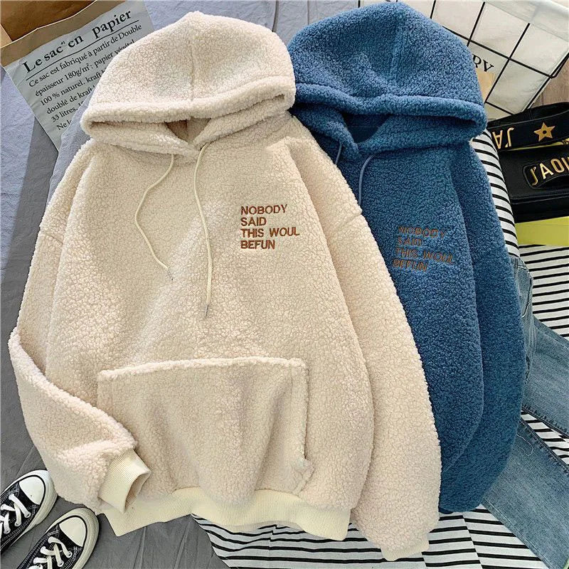 Fleece Hooded Sweatshirt Women Padded Thickened Warm Long Sleeve Pullover Preppy Style Casual Letters Winter Female Coat - reetell