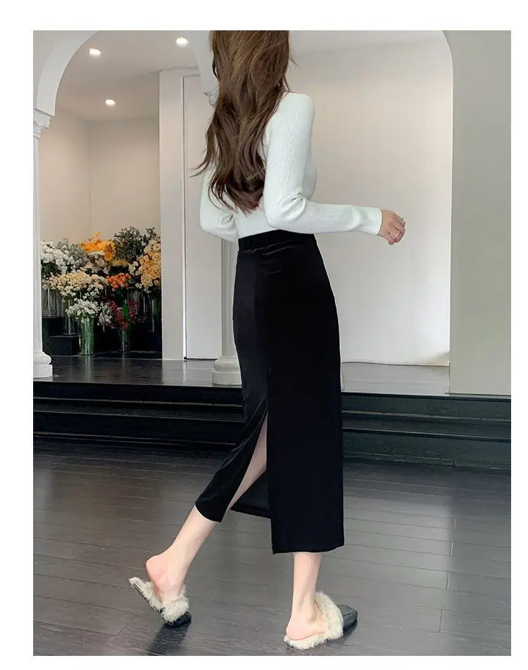 Elegant Velvet Black Long Skirts Women Autumn Winter High Waist Faldas Korean Fahion Clothing Office Ladies Bodycon Midi Skirt - reetell