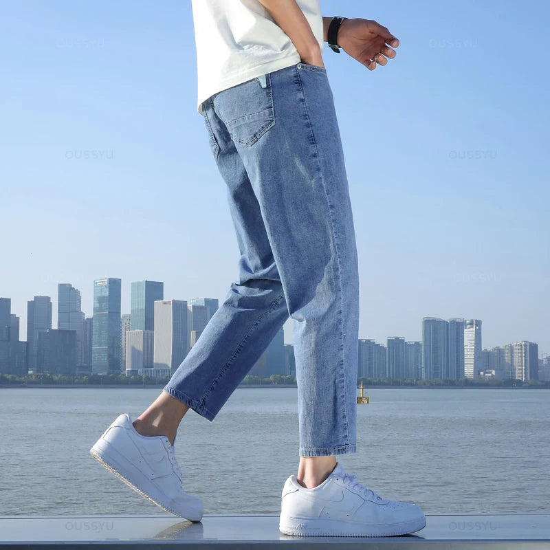 2024 New Men's Stretch Ankle Length Jeans Light blue Fashion Casual Cotton Slim Fit Denim Pants Korean Trousers Male Brand Cloth - reetell