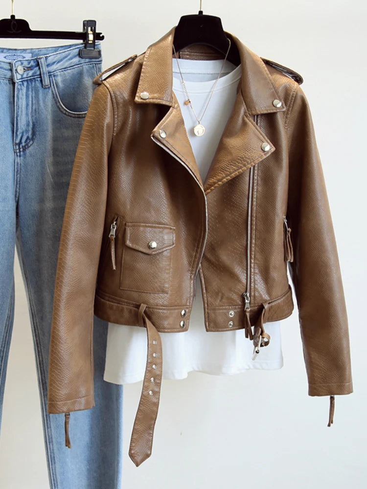 Ftlzz Spring Autumn Women Faux Leather Jacket Slim Streetwear Khaki Leather Coat Biker Moto Jacket with Belt Female Outerwear