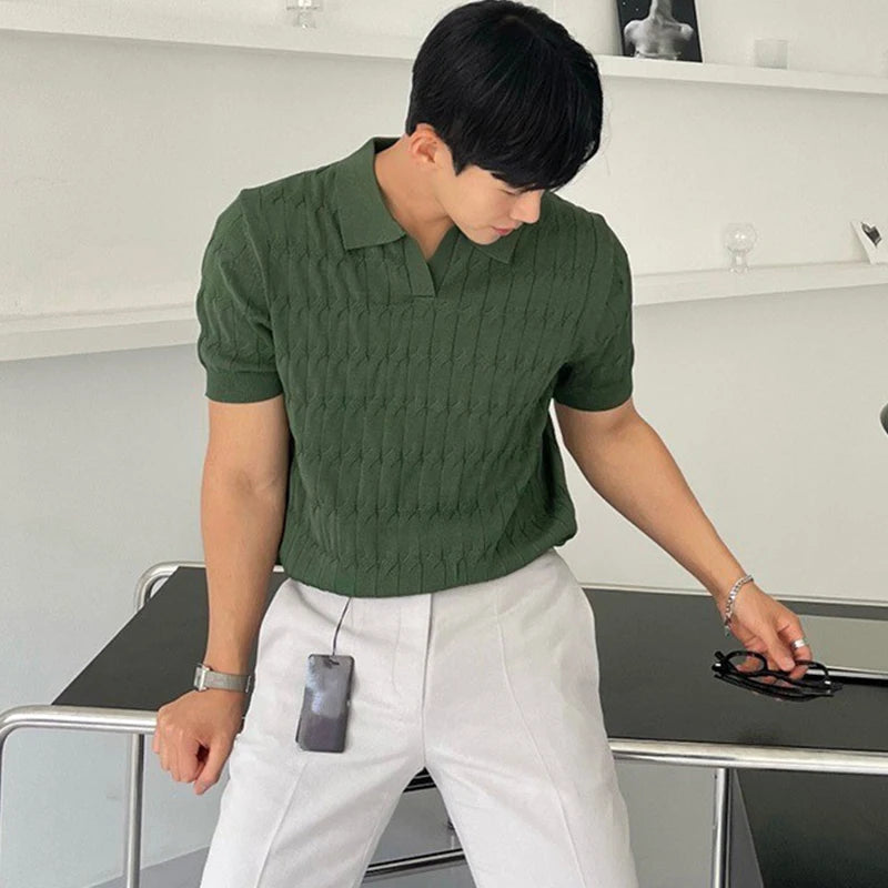 Men's Knitted Jacquard Polo Shirt Casual Stripe V-Neck Solid Color Short Sleeve T-Shirt Breathable Light Luxury Clothing