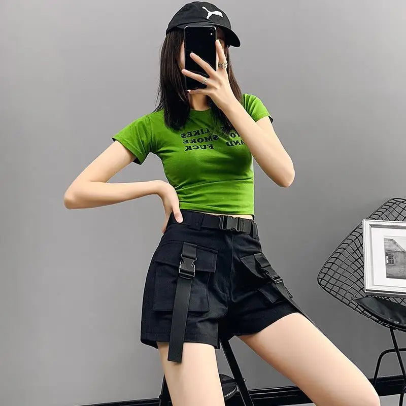 Boxer Women's Cargo Shorts with Pockets Female Short Pants Wide High Waist Korean Style Aesthetic Design Harajuku Fashion Cheap - reetell