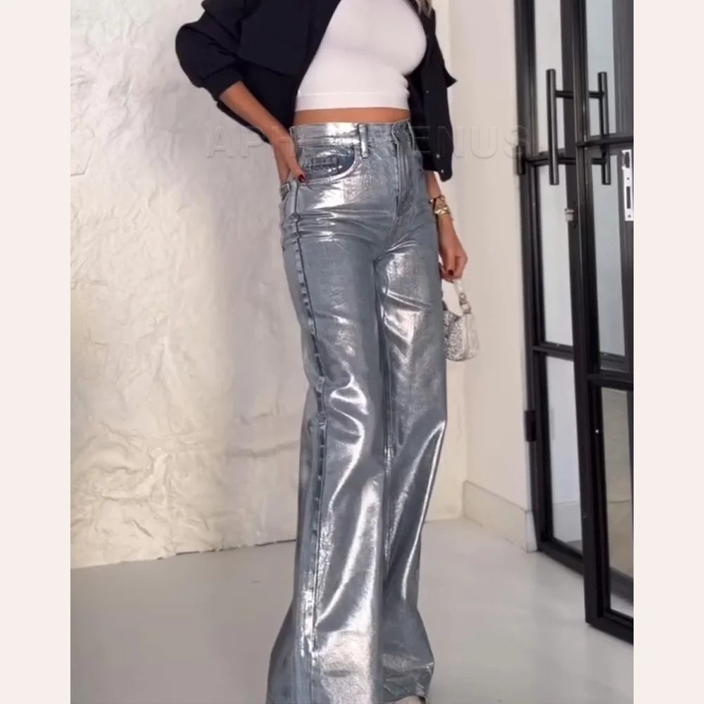 Straight Jeans For Women High Waist Patchwork Vintage Chic Jean Female Fashion Clothes Streetwear Y2K Metallic Clothing 2024 - reetell