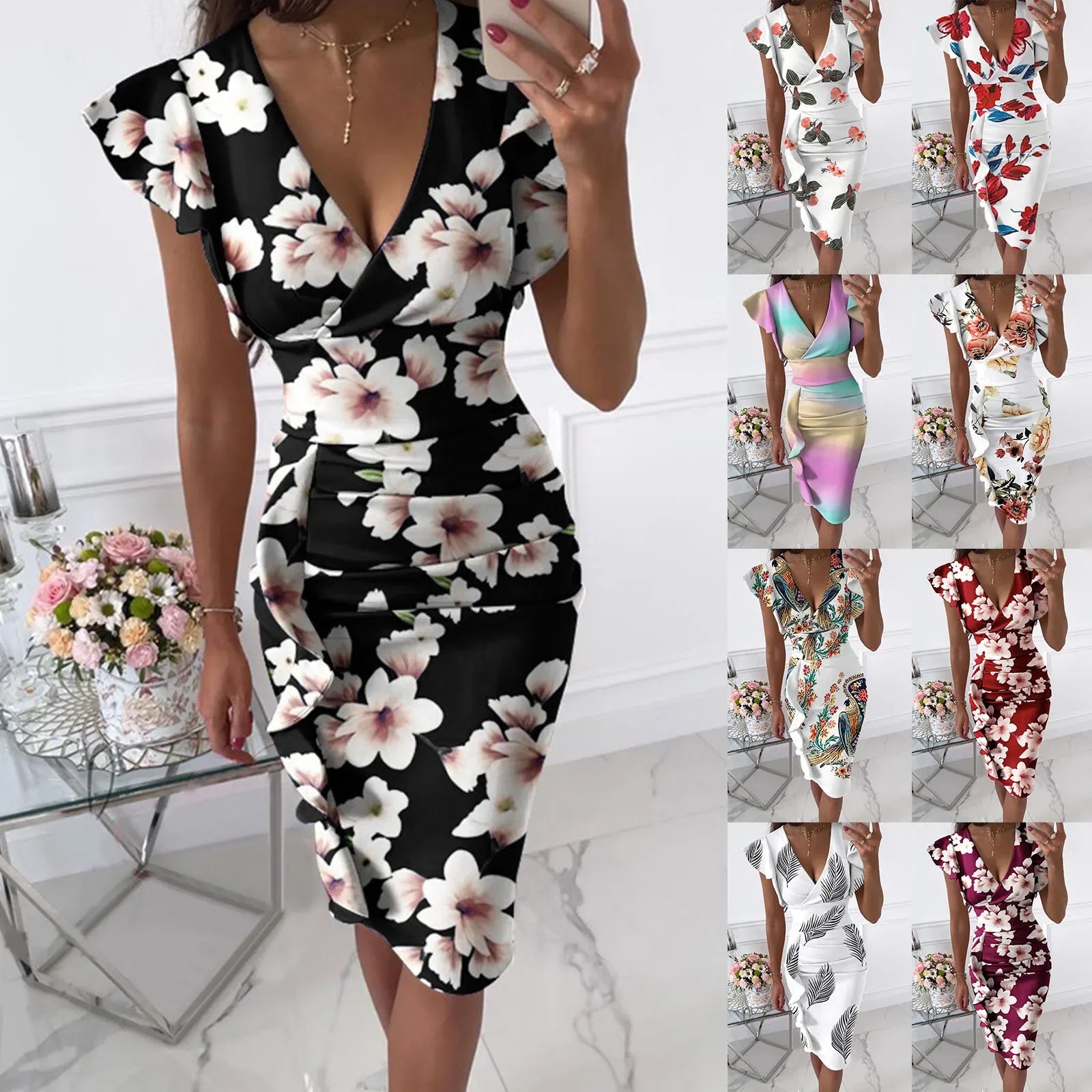 2023 New Fashion Dress Women's Clothing V-Neck Elegant Slim Print Pleated Ruffles Dresses Office Lady Package Hip Female Dress - reetell