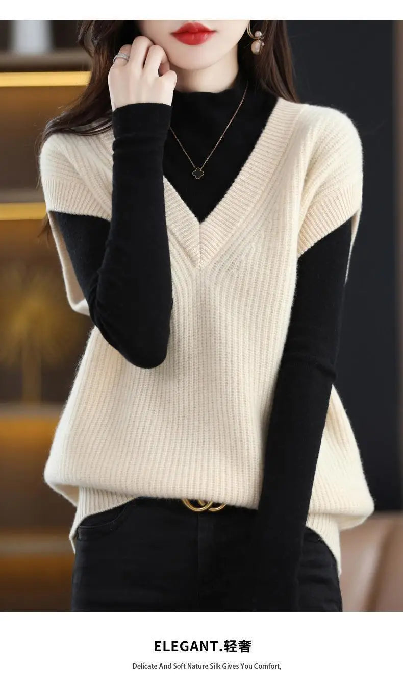 Knitted Jacket Sweater Women's Vest Sleeveless Coat Wool Blended V-Neck Pullover Spring Autumn Fashion Women's Top - reetell