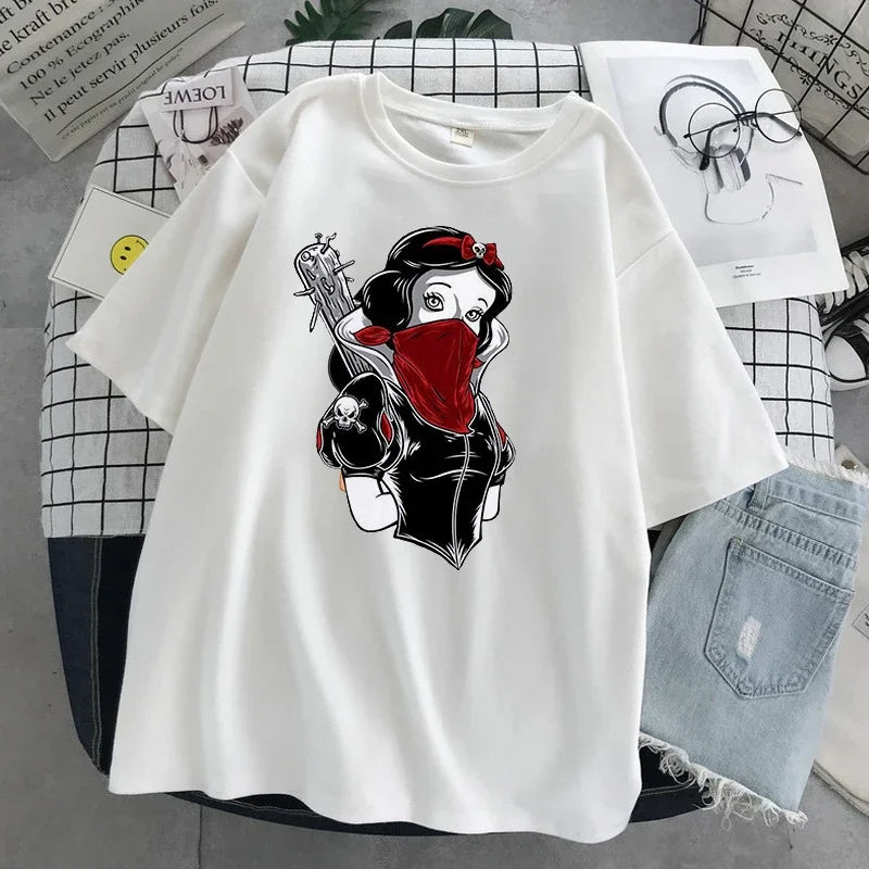 Princess Print Alice in Wonderland Women T Shirt Tops Black Alice Snow White Casual Short Sleeve T-shirt Femme Top Y2K - reetell