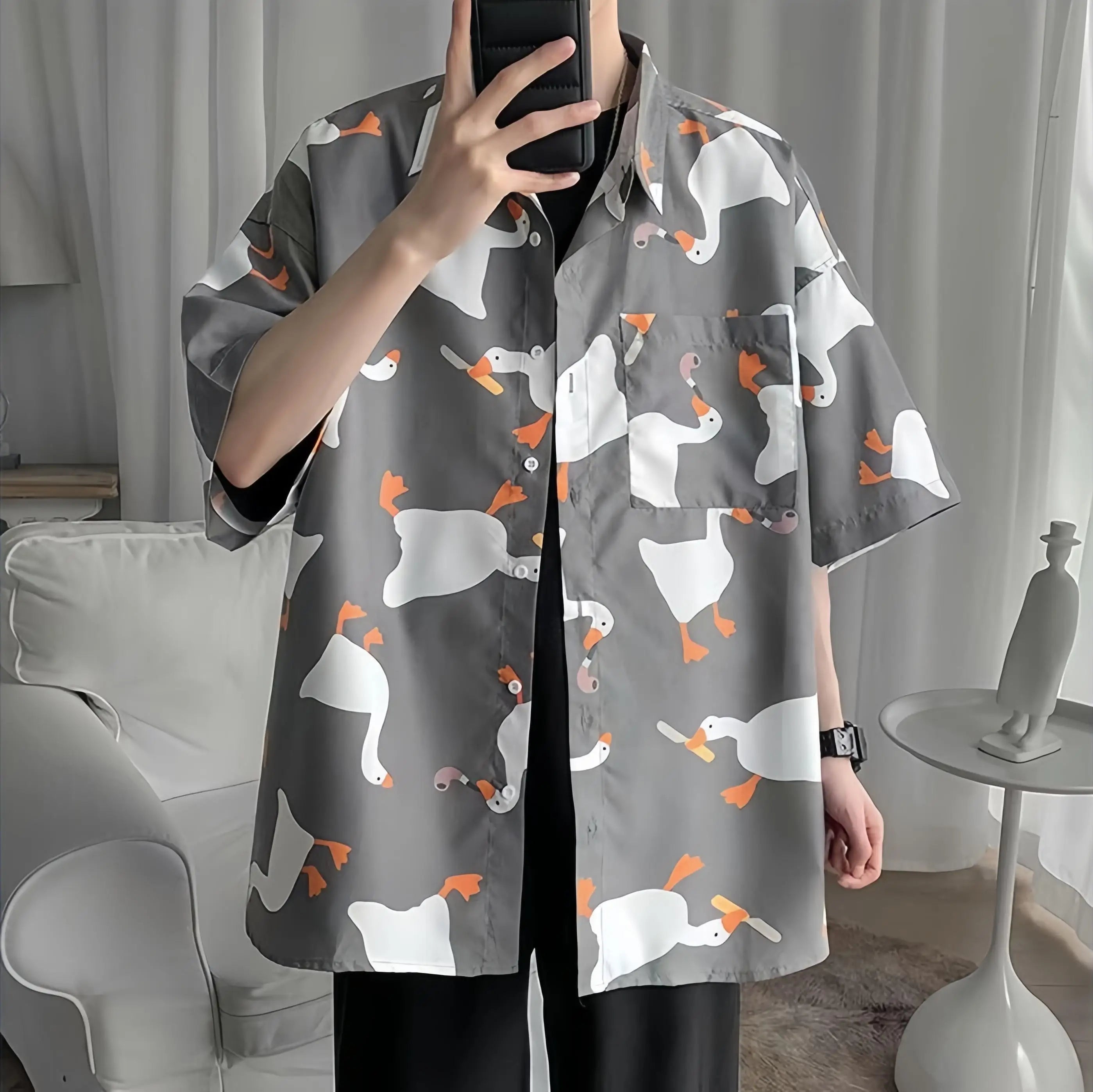 Men's Summer Thin Short Sleeve Shirt Loose Fit Casual Versatile Tops Fashion Goose Print Button Pockets Hawaiian Beach Shirt - reetell