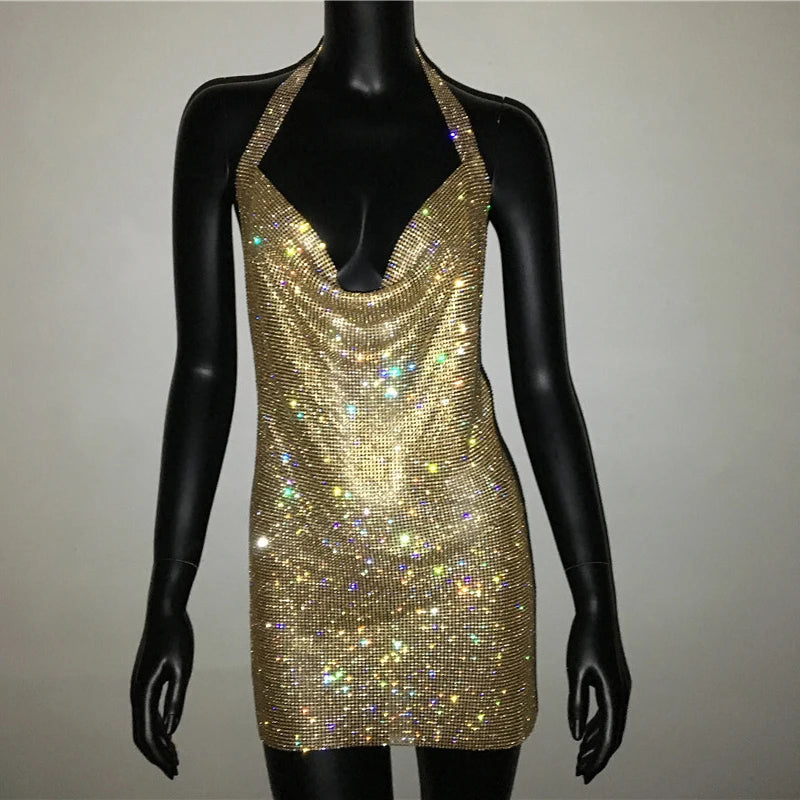 Sexy Backless V Neck Mini Dress For Women Shiny Rhinestone Halter Neck Side Split Sleeveless Dress Party Club Evening Dresses - reetell